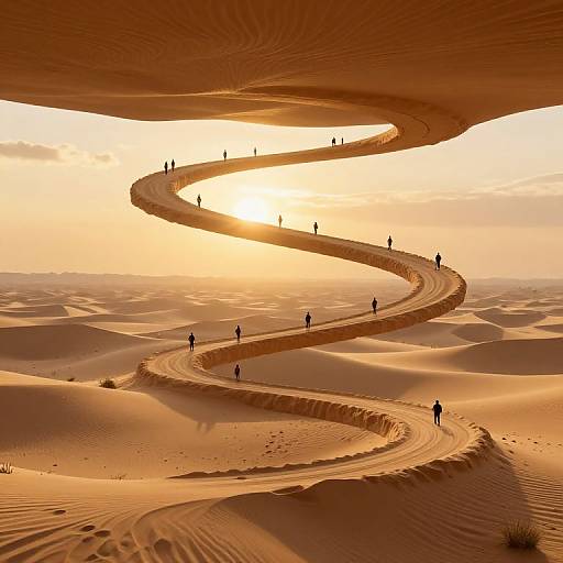 Photorealistic CGI of a winding, spiral sand dune path under a golden sunset, with small silhouetted figures walking along it.