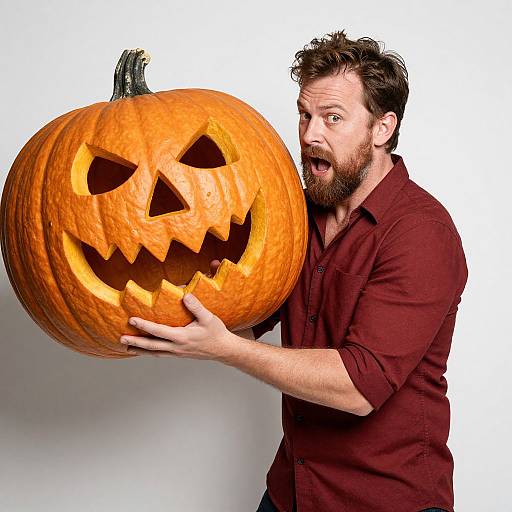 Photograph of bearded man in maroon shirt, wide-eyed, holding large carved pumpkin with triangular eyes and jagged teeth, against white background.