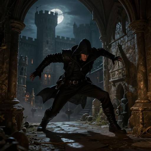 Dark, dramatic digital artwork of a hooded, armored warrior crouching in a ruined archway at night, with a full moon and medieval castle