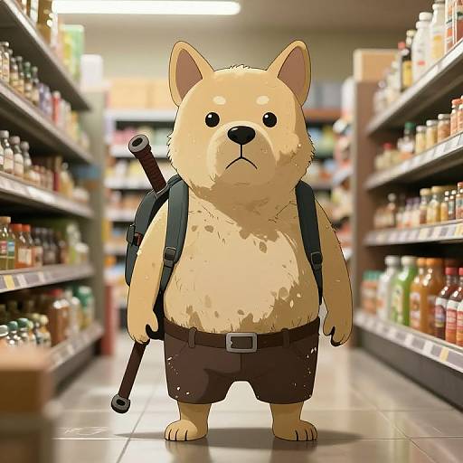 Digital drawing of an anthropomorphic fluffy beige dog with a serious expression, wearing brown shorts and a black backpack with a rifle, standing in a brightly lit