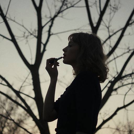 Silhouetted woman with wavy hair, lips parted, touching finger to mouth, against a tree backdrop at sunset. Photographic image.