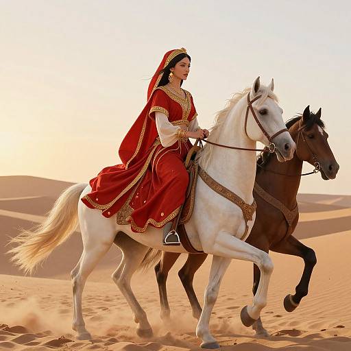 Photograph of a woman in a red, gold-trimmed traditional dress riding a white horse and a brown horse in a desert.