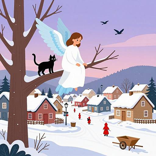 Enchanting Winter Village with Angel and Cat