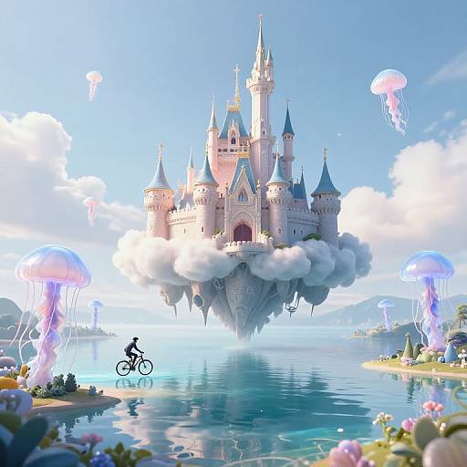 Digital fantasy artwork: Floating, pink-and-blue castle with towers, surrounded by jellyfish, reflected in a serene blue lake, cyclist rides on a cloud