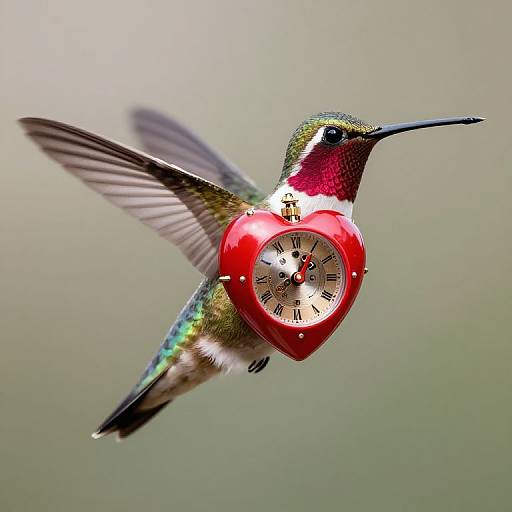 Photograph of a hummingbird mid-flight with a red, heart-shaped clock on its belly, displaying black Roman numerals on a white face, against