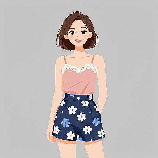 Digital illustration of a smiling young woman with short brown hair, wearing a pink lace-trimmed tank top and blue floral shorts.