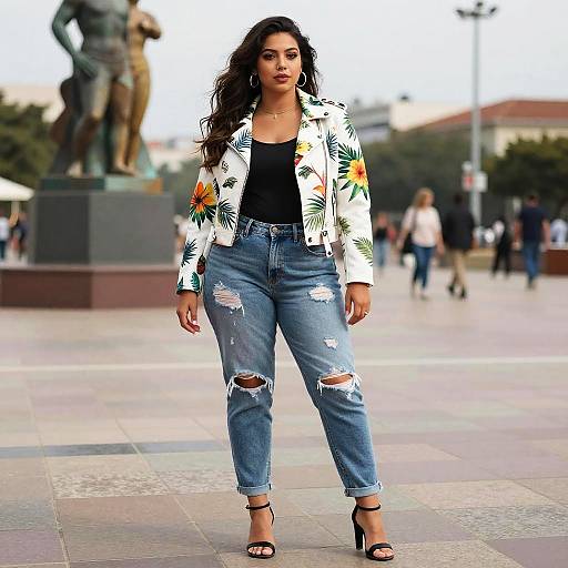 Curvy Woman in Chic Floral Biker Jacket