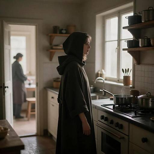 Hooded Woman in Sunlit Rustic Kitchen