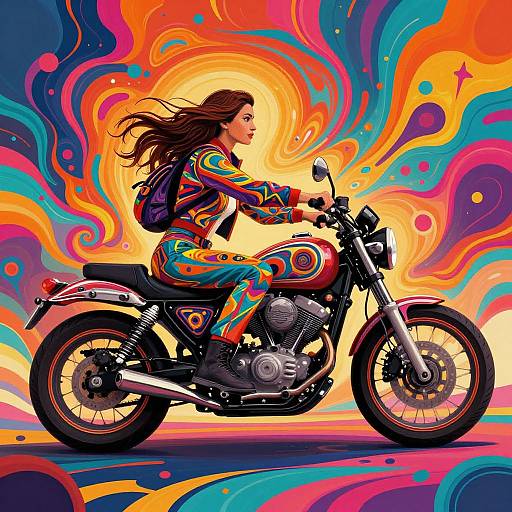 Digital artwork of a woman with flowing brown hair in vibrant, psychedelic-patterned jumpsuit riding a black motorcycle, surrounded by swirling, colorful flames. Dynamic