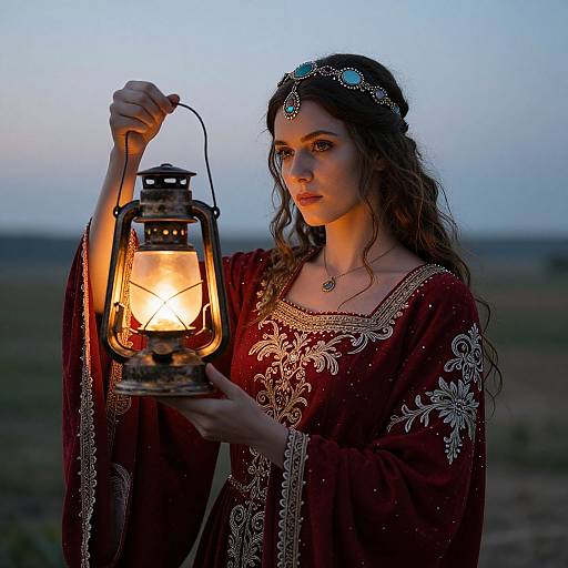 Photograph of a young woman with long wavy brown hair, wearing a maroon dress with gold embroidery, holding a glowing lantern at twilight, adorned