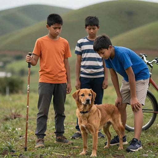 Three Boys and a Dog on Hillside