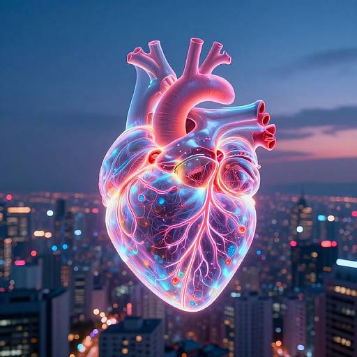 Neon-lit, glowing human heart floating above a cityscape at dusk, with colorful lights and skyscrapers in the background. Digital art.