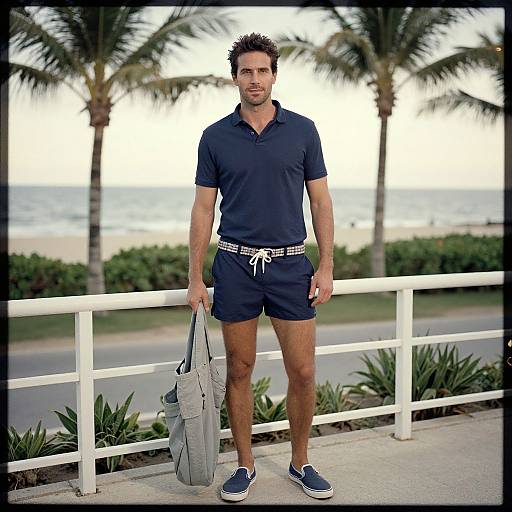Photograph of a fit, brown-haired man in navy polo and shorts, holding a gray bag, standing on a beachside balcony with palm trees and