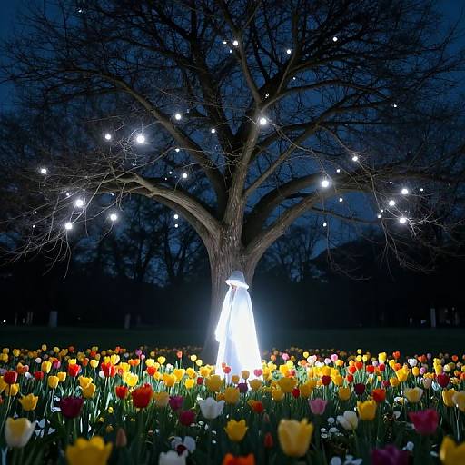 Photograph of a night garden with a glowing white figure standing under string lights, surrounded by a colorful field of tulips.