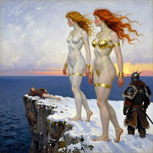 Digital painting of two nude, fair-skinned redheads with golden jewelry, standing on a snowy cliff, overlooking the sea, with a Viking warrior and