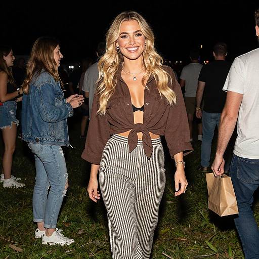 Smiling Blonde Woman in Stylish Outfit