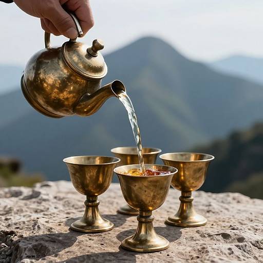 Photograph of a hand pouring tea from a brass teapot into three brass chalices on a rocky mountain ledge, with a misty mountain backdrop