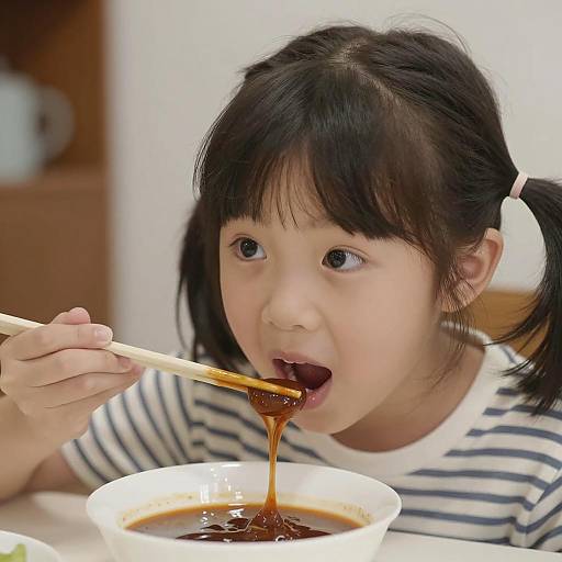 Asian Girl Eating with Chopsticks