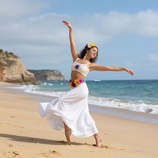 Photograph of a smiling woman dancing on a sunny beach, wearing a floral bandeau top, flower crown, and flowing white skirt.