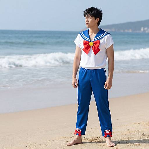 Photograph of a young Asian man with short black hair, wearing a blue and white sailor uniform with a red bow, standing barefoot on a sandy