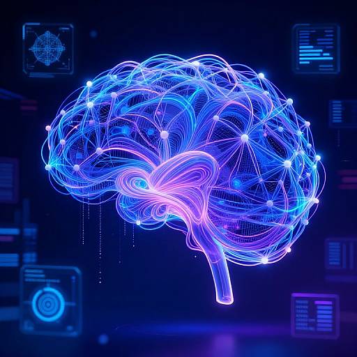 Neon blue and purple, glowing 3D brain with interconnected lines and dots, set against a dark, tech-themed background. Digital art.