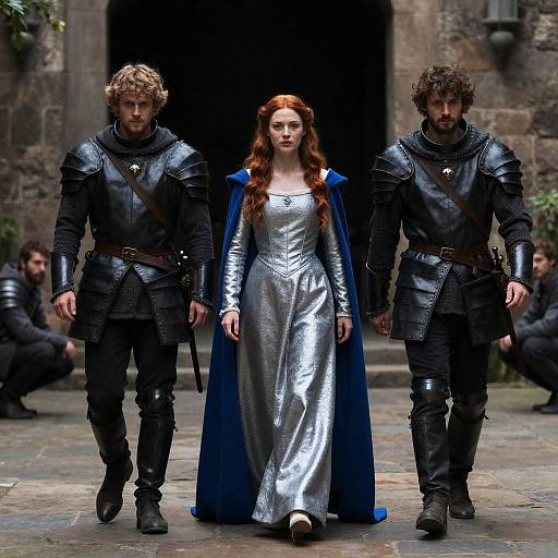 Medieval trio walking in stone courtyard