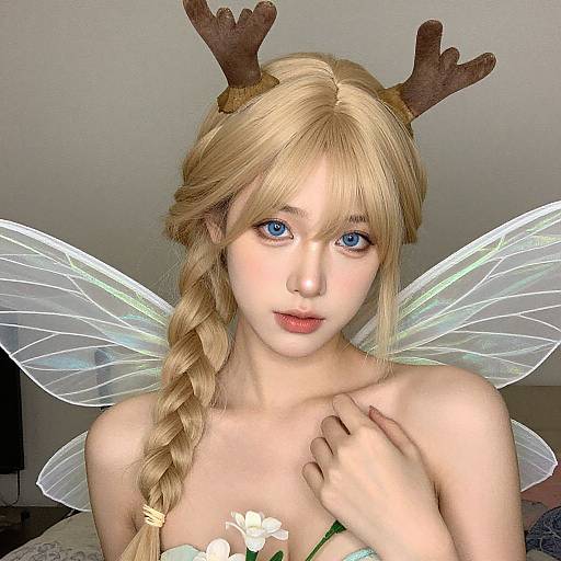 Photograph of a young woman with blonde hair in a braid, wearing deer antlers, fairy wings, and a strapless top, with blue