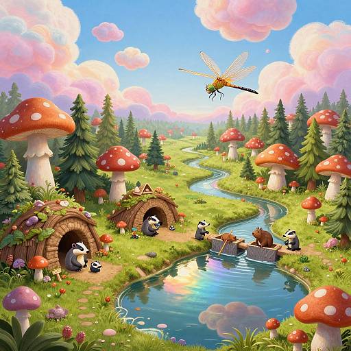 Whimsical digital illustration of a vibrant forest with red-spotted mushrooms, panda bears, a winding stream, and a dragonfly in a bright blue