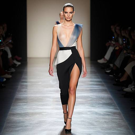 Photograph of a slender, fair-skinned female model with slicked-back hair, wearing a deep V-neck, black-and-white asymmetrical dress,
