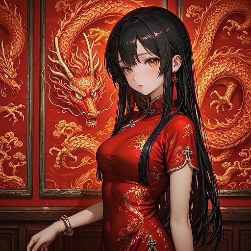 Stunning Girl in Red with Chinese Dragon