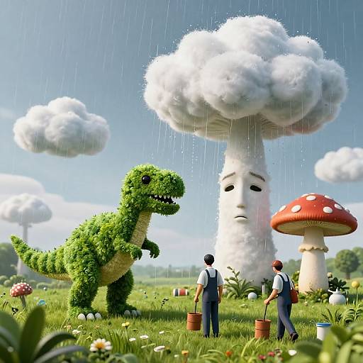 Whimsical CGI image of a green leafy T-Rex and two men planting flowers under giant white and red mushrooms in a rainy, cloud-filled