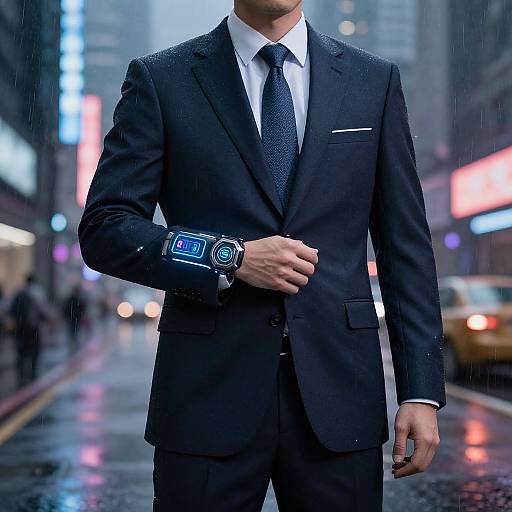Photograph of a handsome man in a black suit, white shirt, and dark tie, adjusting a futuristic blue watch, standing in a rainy urban street