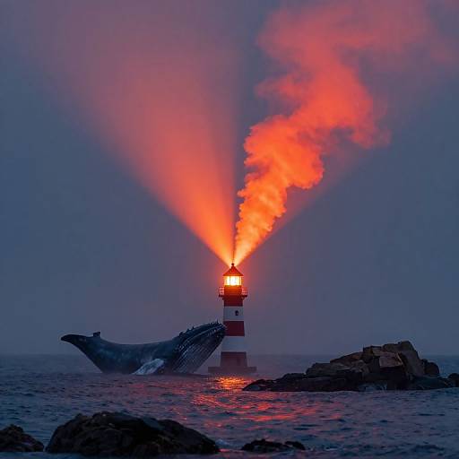 Photograph of a red-and-white lighthouse with bright orange flames shooting upwards, partially submerged by a whale's tail, against a dark blue, mist