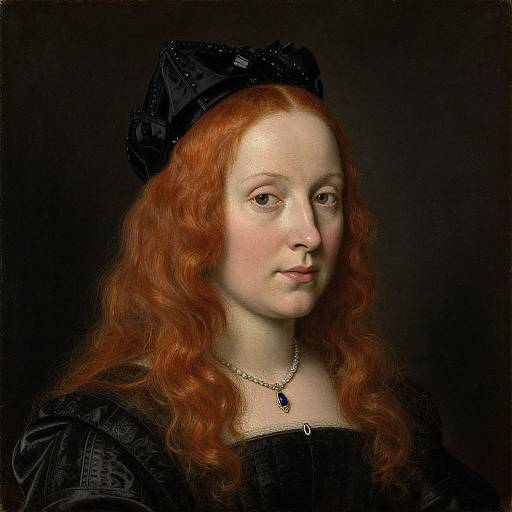 Photograph-style digital painting of a fair-skinned, red-haired woman with wavy hair, wearing a black dress, headpiece, and blue jewel