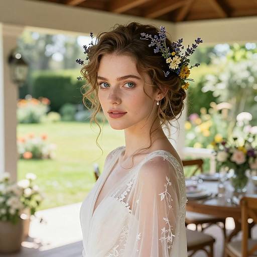 Photograph of a beautiful, fair-skinned woman with curly brown hair adorned with floral headpiece, wearing a sheer lace top, in a sunlit