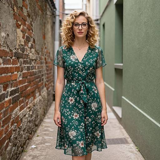 Photograph of a blonde woman with curly hair, wearing glasses, a green floral dress, standing in a narrow alley between brick and green-painted walls