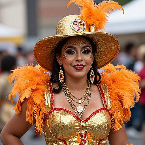 Photograph of a Latina woman in a gold, sparkly costume with orange feathered shoulders and hat, wearing red and gold jewelry, smiling outdoors at