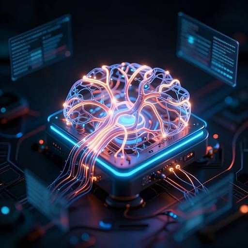 Neon-lit, glowing brain circuitry on a blue-edged, futuristic motherboard with wires, surrounded by dark screens displaying code in a sci-fi