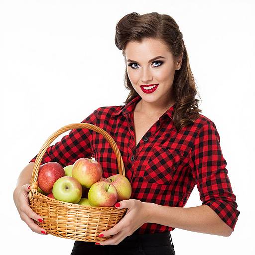 Photograph of a smiling, fair-skinned woman with brown hair in a red plaid shirt holding a wicker basket filled with red and green apples