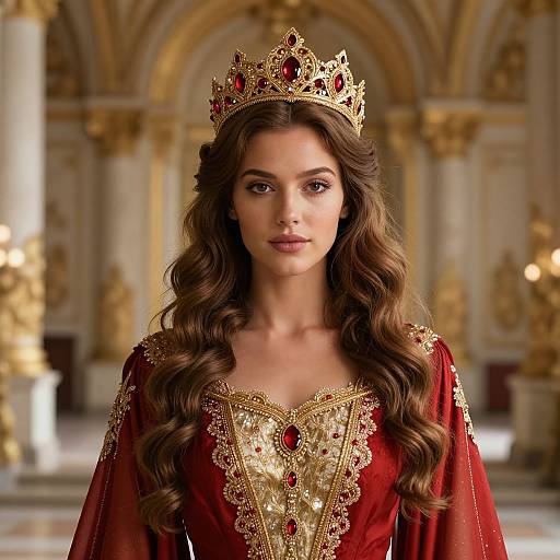 Regal Woman in Ornate Golden Hall