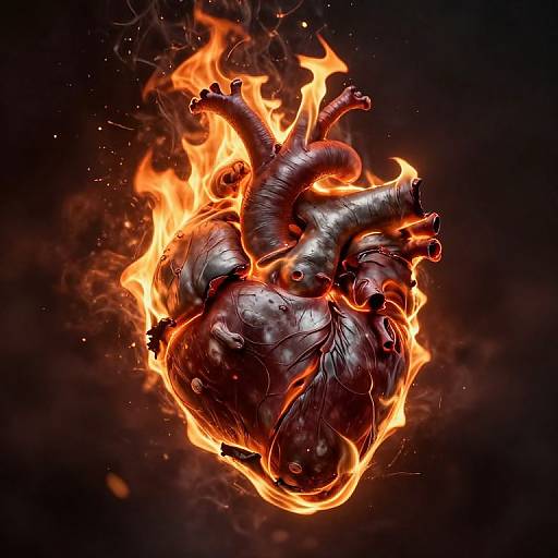 Digital artwork of a burning human heart with intense orange flames engulfing it, set against a dark, smoky background.