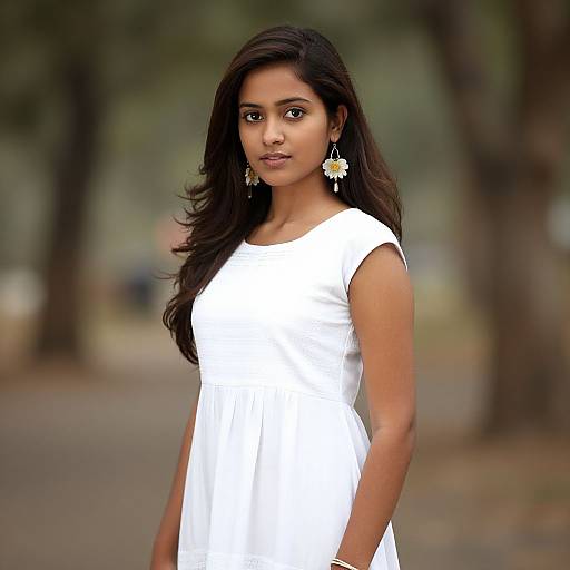 Photograph of a young Indian woman with long dark hair, wearing a white sleeveless dress and daisy-shaped earrings, standing outdoors with a blurred tree