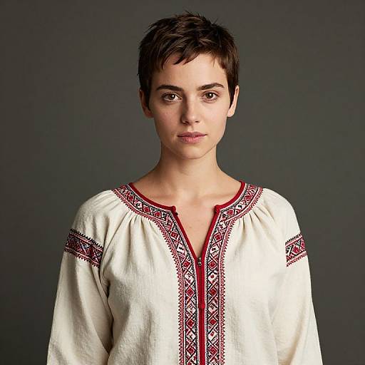 Photograph of a young woman with short dark hair, light skin, and brown eyes, wearing a white, embroidered blouse with red patterns against a dark