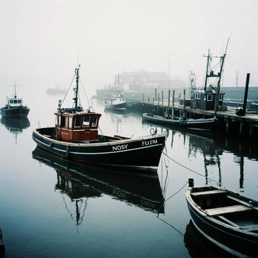 Rustic Fishing Boats in Foggy Harbor