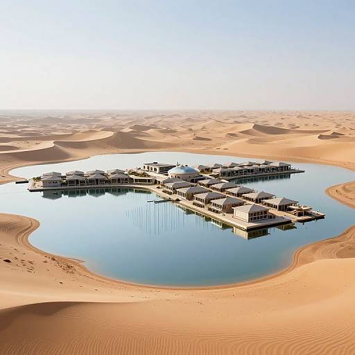 Aerial photograph of a luxury desert oasis with multiple white-roofed villas floating on calm water surrounded by golden sand dunes under a clear blue