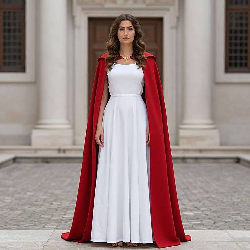 Photograph of a woman with long dark hair, wearing a white dress and red velvet cape, standing in front of a classical building with columns.