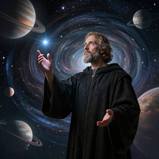 Photographic-style illustration of a bearded man in a black robe, pointing at a bright star in a cosmic galaxy background with planets and rings.