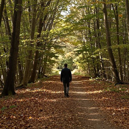 Photograph of a lone person in a dark jacket walking on a leaf-covered forest path, framed by tall trees with yellow-green foliage. Sunlight filters