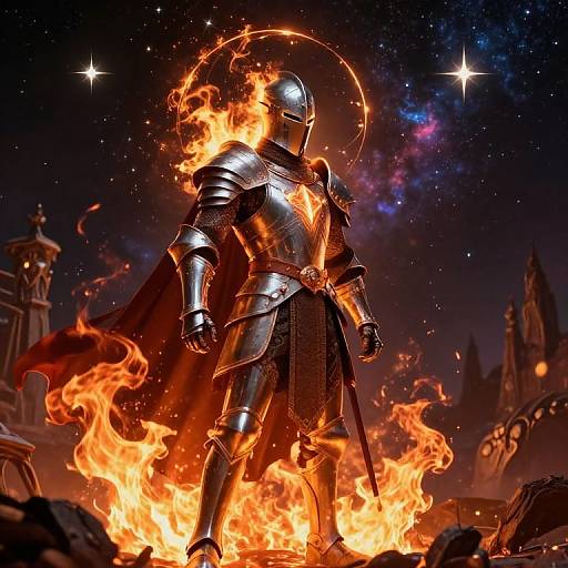 Digital artwork of armored knight engulfed in flames, standing on fiery ground, with a halo and starry night sky background.