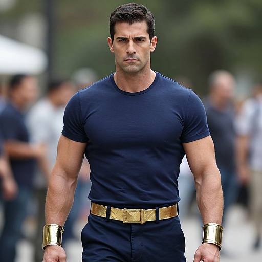 Photograph of a muscular, dark-haired man in a tight navy shirt, gold belt, and gold cuffs, walking confidently outdoors.